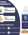 Left panel shows aloe and oats with captions for moisture and itch relief. Icons list no parabens, no synthetic dyes, no alcohol, and no formaldehyde. Shampoo bottle appears on the right.