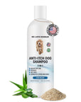 White 16 fl oz bottle labeled Anti itch Dog Shampoo with a dog graphic and USA badge. Aloe leaves and ground oats sit at the base on a white background.