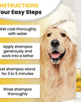 Bathroom scene with a golden retriever wearing a towel wrap. Steps show wet coat, apply shampoo, wait 3 to 5 minutes, and rinse thoroughly. The product bottle sits at the bottom right.