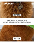 Split image shows a curly brown dog labeled before with frizz and an after photo with a smoother coat. Text reads Smooth your dog's coat and reduce shedding.