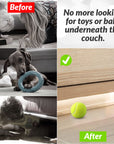 Left panels show people and a dog reaching under furniture. Right panel shows a clean floor edge with a tennis ball and an after check mark.