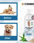 Two frames show a dog scratching in the before image and a calm dog after. The shampoo bottle appears on the right with aloe leaves and oats graphics.
