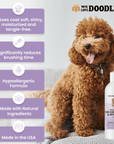 Graphic shows a curly dog beside the conditioner bottle with purple callouts that say leaves coat soft and shiny, reduces brushing time, hypoallergenic, natural ingredients, made in USA.