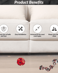 Beige couch with a clear blocker along the bottom edge and icons for prevents toy loss, easy install, universal fit, and cleaner floors.