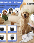 Living room scene with a dog beside the vacuum. A sizing chart displays clipper guard lengths 1/8 in, 3/8 in, 5/8 in, and 1 in to help set the desired haircut length.