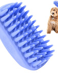 Extreme macro of blue conical bristles on the bath brush. A small inset shows a curly coated dog and a hand holding the brush.
