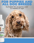 Close up of a wet curly haired dog with foam on the coat. A We Love Doodles shampoo bottle appears on the left with overlay text that says for puppies and all dog breeds and suitable for puppies over 12 weeks of age.