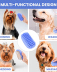Four images around a blue bath brush show grooming, washing, deshedding, and massaging for different dogs.