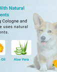 Blue layout shows a corgi next to the Fresh Cotton bottle. Panels highlight calendula oil and aloe vera with text stating made with natural ingredients.