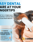 A black and tan dachshund has its teeth cleaned with a white finger wipe. Bold text reads easy dental care at your fingertips and the product jar is shown at the bottom left.