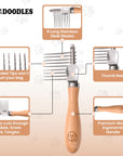 Infographic showing the dematting rake with nine long stainless blades, rounded tips, a thumb rest, and an ergonomic wood handle with logo on a light paw print background.