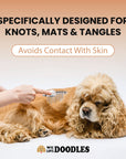 Hand using a dematting rake on a cocker spaniel’s long coat. On screen text says designed for knots, mats, and tangles and notes the tool avoids contact with skin.