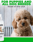 Green and white graphic with a small curly puppy next to a white bottle of unscented Dog Detangler Leave In Conditioner. Text states for puppies and all dog breeds.
