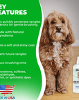 Green feature panel with a We Love Doodles detangler bottle and a small dog. Text highlights natural ingredients soft shiny coat less brushing time and made in USA.