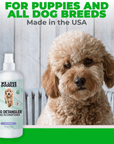 Close view of a tan curly dog next to a Dog Detangler Lavender bottle with text noting it is for puppies and all dog breeds.