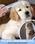 Collage shows a dog being combed and a cat beside a close view of the comb with banner text that says The Best Grooming Tool removes tangles, knots, and mats.