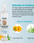 Bottle next to circular images of calendula flowers and aloe vera under a natural ingredients heading. Text highlights refresh and deodorize benefits and the Fresh Cotton scent.