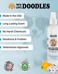 Bottle shown beside callouts made in the USA long lasting scent no harsh chemicals deodorize and freshen and veterinarian approved. Round badges line the bottom on a blue background.