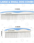 Graphic with large and small combs showing lengths of 7.3 inches and 5.2 inches with a 1.9 inch height on a paw print background.