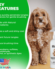 Green feature panel with a doodle dog and a white bottle labeled Dog Detangler Leave In Conditioner unscented. Text highlights quick detangling natural ingredients and made in USA.
