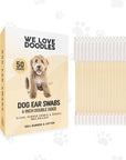 Cream We Love Doodles box with a doodle dog photo and a full row of long bamboo sticks with white cotton tips. Text on the box shows 6 inch double sided swabs and a 50 count pack.