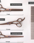 Flat lay shows thinning scissors labeled 7 inches, curved scissors 7.2 inches, straight scissors 7.8 inches, and a metal comb marked 7.5 inches on a light background.