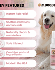 Pink and white graphic with a dog on carpet and a product bottle. Text lists instant itch relief, soothes irritations and wounds, cleans and moisturizes, safe if licked, and made in the USA.