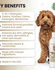 A curly brown dog sits next to a list of key benefits including cleans, soothes, calms, detangles, and moisturizes. The Oatmeal Shampoo for Dogs bottle is shown at the bottom.