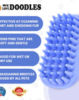 Callout graphic lists cleaning dirt and shedding fur, soft gentle pins, wet or dry use, and massaging bristles next to a blue brush.