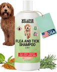 8 oz white bottle labeled Flea and Tick Shampoo 5 in 1 with a fluffy brown dog, mint leaves, rosemary, and brown powder at the base. A hang tag reads Made in USA.