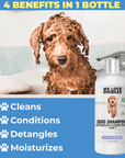 Dog covered in suds beside a 4 in 1 shampoo bottle with text that says cleans conditions detangles and moisturizes.