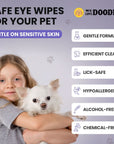 Purple graphic showing a person holding a small white dog. Callouts list gentle formula, efficient cleaning, lick safe, hypoallergenic, alcohol free, and chemical free with the brand logo at the top.