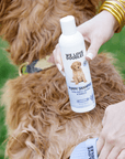 A person holds a white Puppy Shampoo bottle next to a brown curly coated dog standing on grass. A second hand holds a gray brush near the coat.