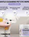 A fluffy white dog sits while a hand uses a round wipe pad on the eye area. Text callouts note discharge removal and stain reduction. The product jar appears at the bottom right.
