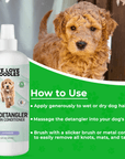 Green how to use panel showing a detangler bottle and a curly dog. Steps say apply to wet or dry hair massage into the coat then brush with a slicker or metal comb.