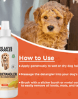 Instruction graphic with the bottle and a curly dog detailing steps to apply to wet or dry hair, massage into the coat, and brush with a slicker or metal comb.