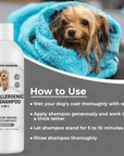 Dog wrapped in a blue towel beside the bottle with step by step text. Wet coat apply and lather let stand 5 to 10 minutes then rinse thoroughly.