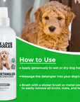 Instruction graphic with a detangler bottle and a curly coated dog. Steps show apply to wet or dry hair massage into coat and brush with a slicker or metal comb.