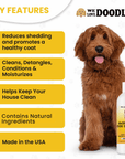Yellow panels list reduces shedding, cleans, detangles, conditions, and moisturizes. A brown doodle dog sits on the right with tongue out. The shampoo bottle appears at the bottom right.