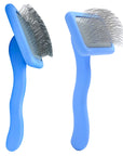 Two blue slicker brushes, one large and one small, shown on a white background. Each has a square metal pad with dense long bent stainless pins and curved handles.