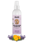 White We Love Doodles dog cologne and perfume in the lavender scent. The bottle stands on a white background with lavender sprigs and yellow calendula flowers at the base.