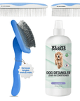 White background set with a blue slicker brush, two stainless steel combs, and a bottle labeled Dog Detangler Leave In Conditioner Lavender