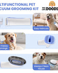 Collage shows the multiuse kit with scenes for haircuts using the clipper, brushing with the slicker, deshedding, and a vacuum brush cleaning floors to keep the home tidy.