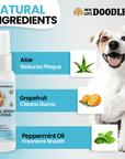 Graphic highlights three ingredients with captions. Aloe reduces plaque, grapefruit cleans gums, and peppermint oil freshens breath. The bottle is on the left and a smiling dog on the right.