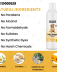 Panel highlights no parabens alcohol formaldehyde sulfates synthetic dyes or harsh chemicals. Ingredient icons show chamomile oatmeal essential oil fragrance and calendula.