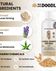 Graphic highlights oatmeal to reduce itching, lavender to calm, and aloe to help moisturize. Icons show no parabens, no synthetic dyes, no alcohol, and no formaldehyde. Bottle and oats on the right.