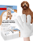 Main product image with a 6 pack box, stacked individual packets, a white glove on a hand, and a brown fluffy dog beside the packaging.