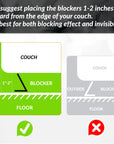 Green diagram shows correct placement with the blocker positioned 1 to 2 inches inside the front edge of the couch and a gray example of wrong placement.