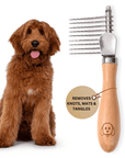 Studio image of the dematting rake with stainless pins and a wood handle engraved with a dog icon placed next to a seated reddish doodle dog with a round tag graphic.