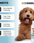 Graphic shows a doodle dog beside the bottle. Callouts state extra gentle cleaning, tear free shampoo, calming effect, and soothes and moisturizes puppy skin.